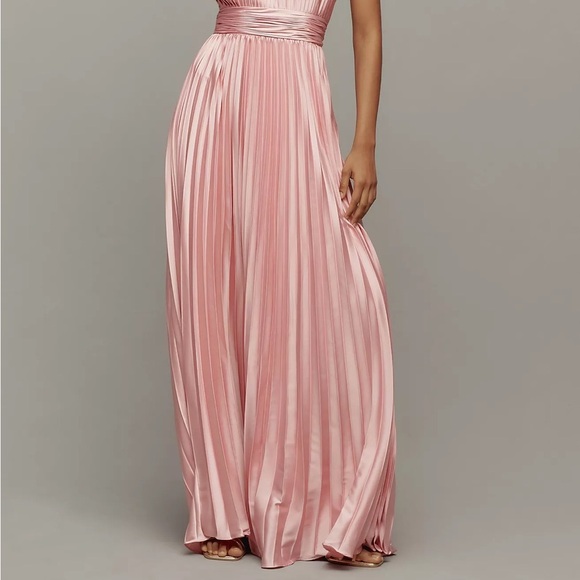 ANTHROPOLOGIE Mac Duggal Satin Pleated Halter High Neck Gown Maxi Dress Pink NWT - Picture 7 of 12
